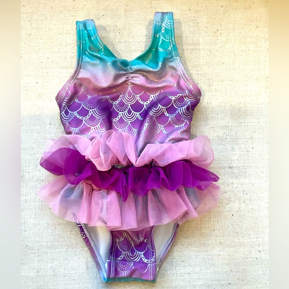 Cat and Jack Girls One Piece Bathing Suit. Mermaid Pattern w/ Ruffles. 18 months